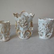 Set of 3 old small wedding communion baptism vases in white gold porcelain