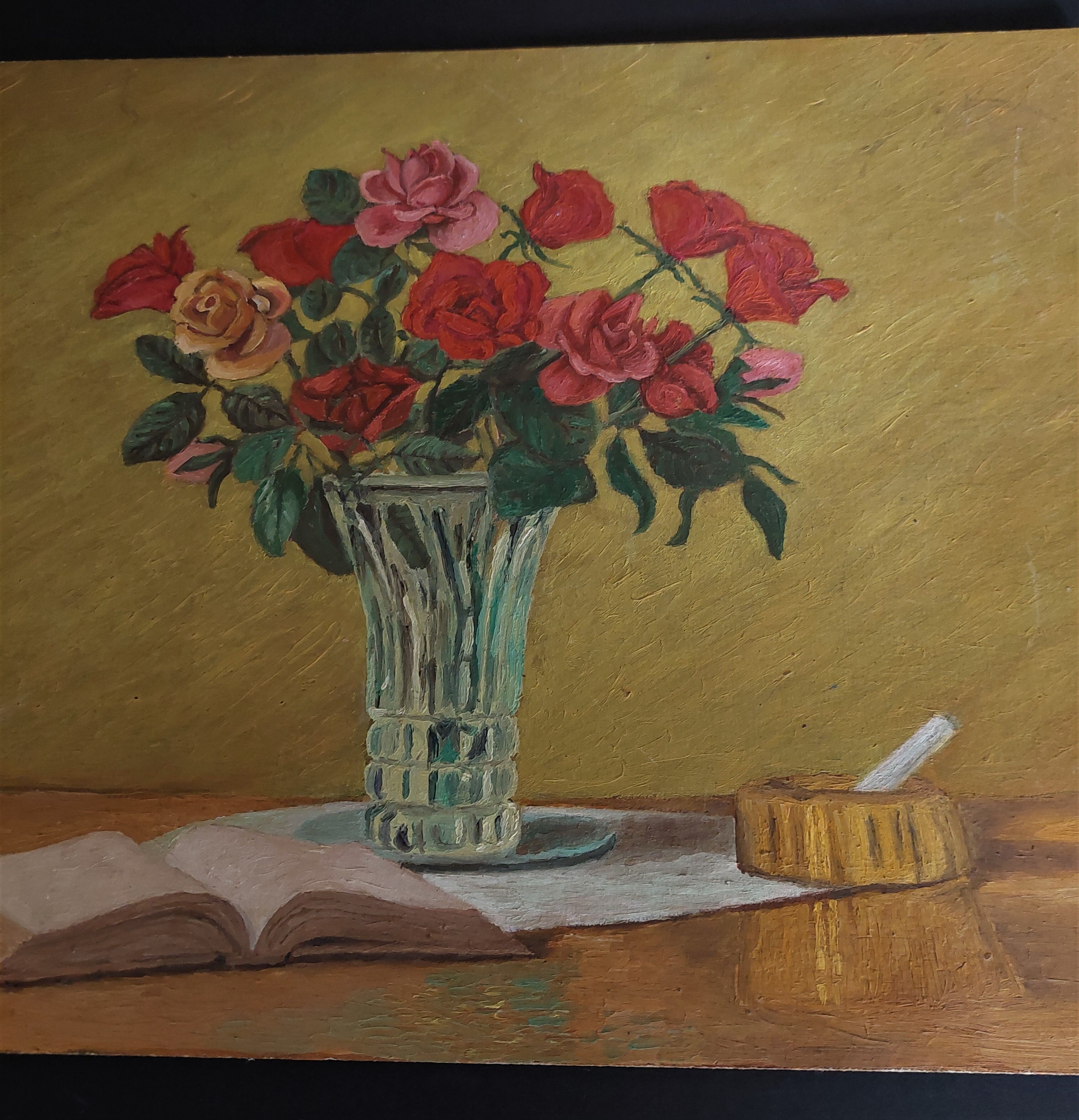 Oil on cardboard table bouquet of flowers