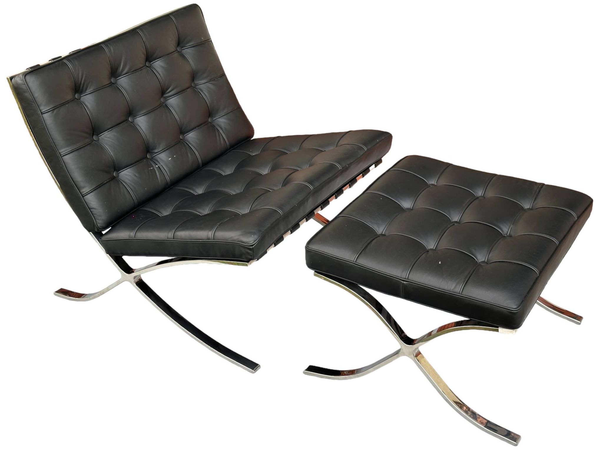 Barcelona armchair with ottoman design Mies Van der Rohe edition Walter Knoll 1980s, Set of 2