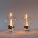 Pair of solid clear crystal candlesticks in modern Scandinavian style Orrefors Sweden