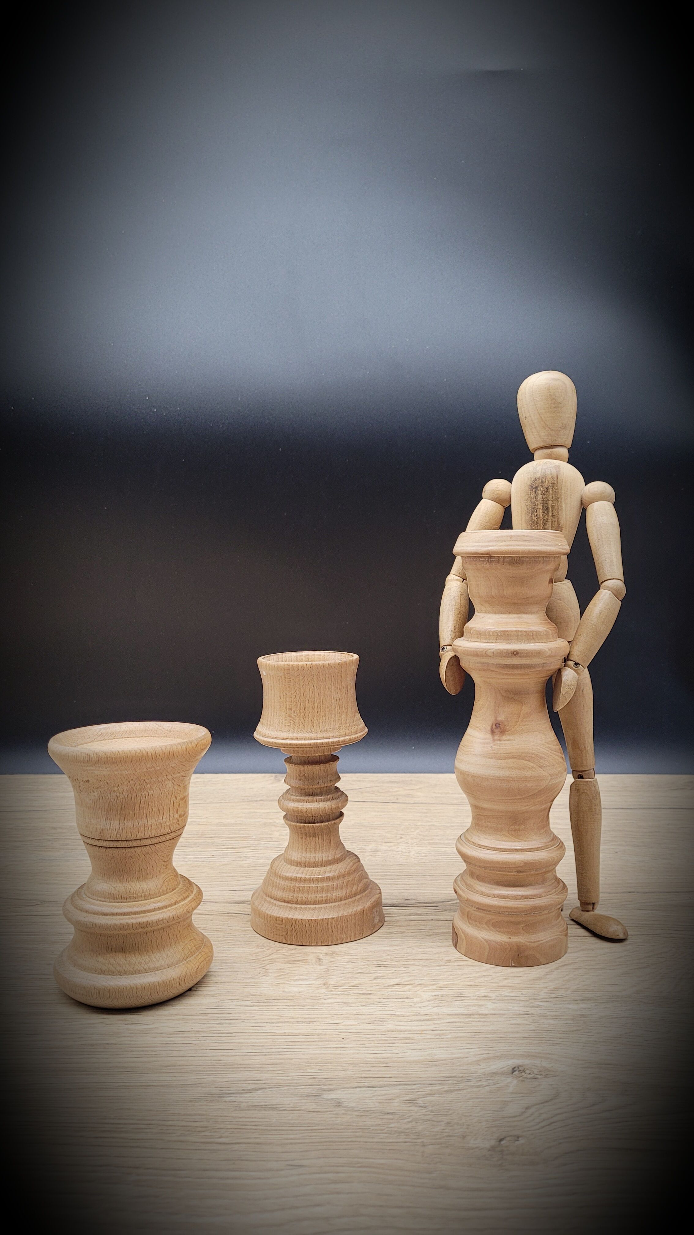 Trio turned wood candlesticks