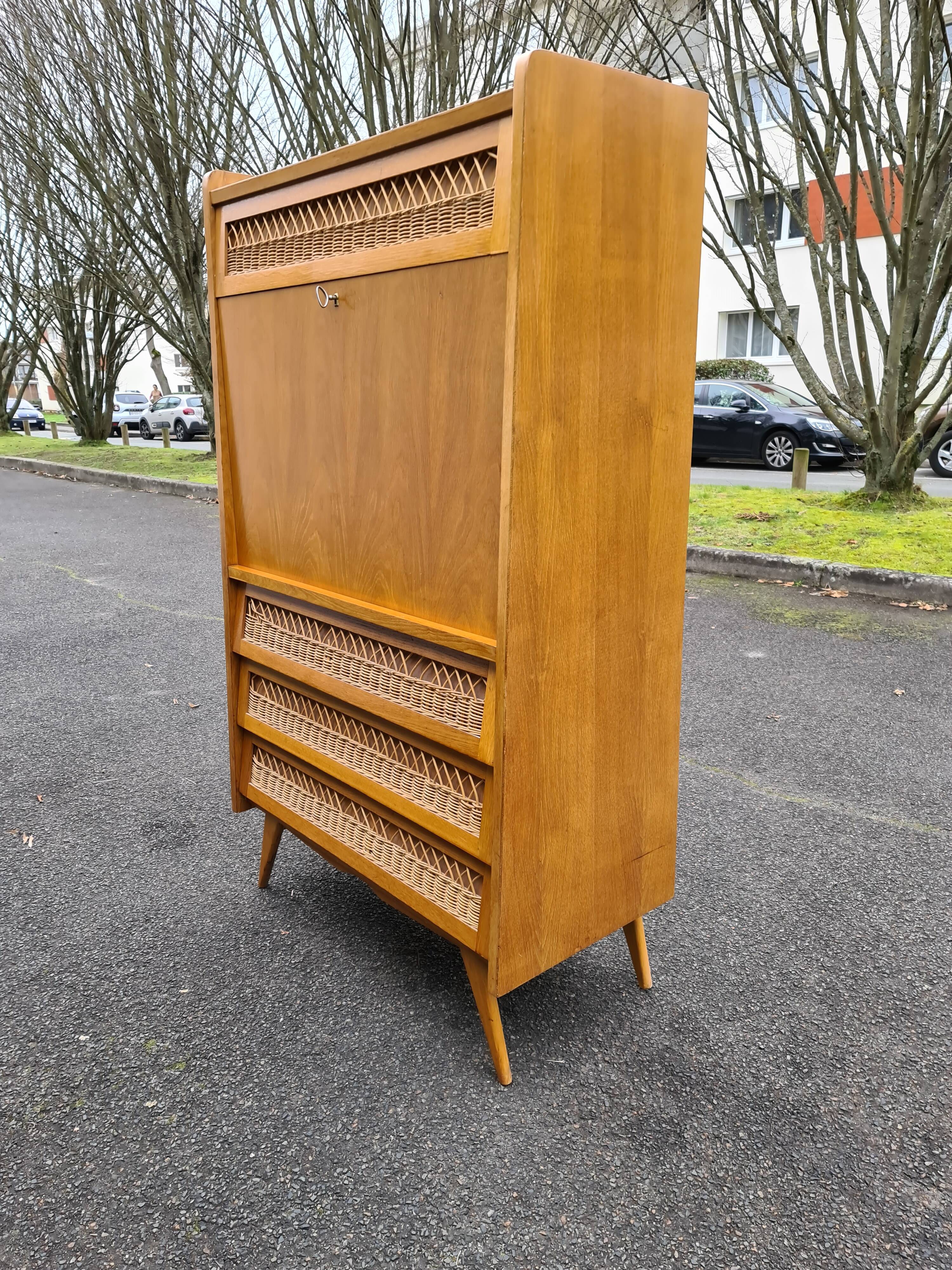 Secrétaire vintage pied compas 1960 rotin