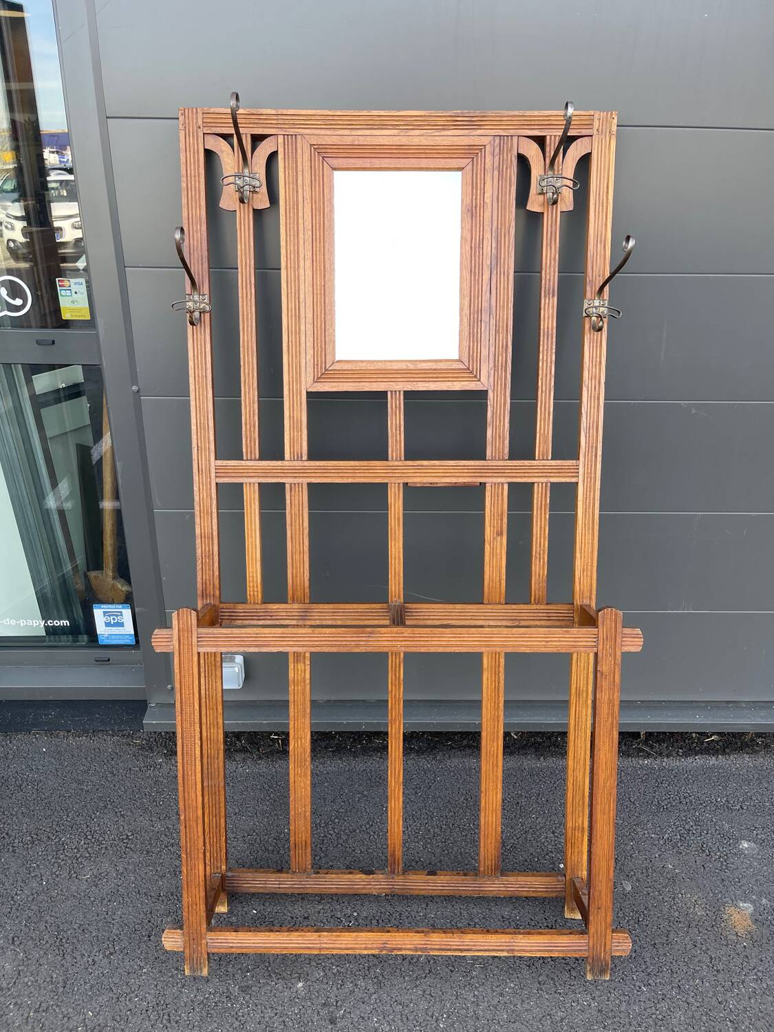 Large clothing rack/bistro mirror coat rack in oak - France 1950