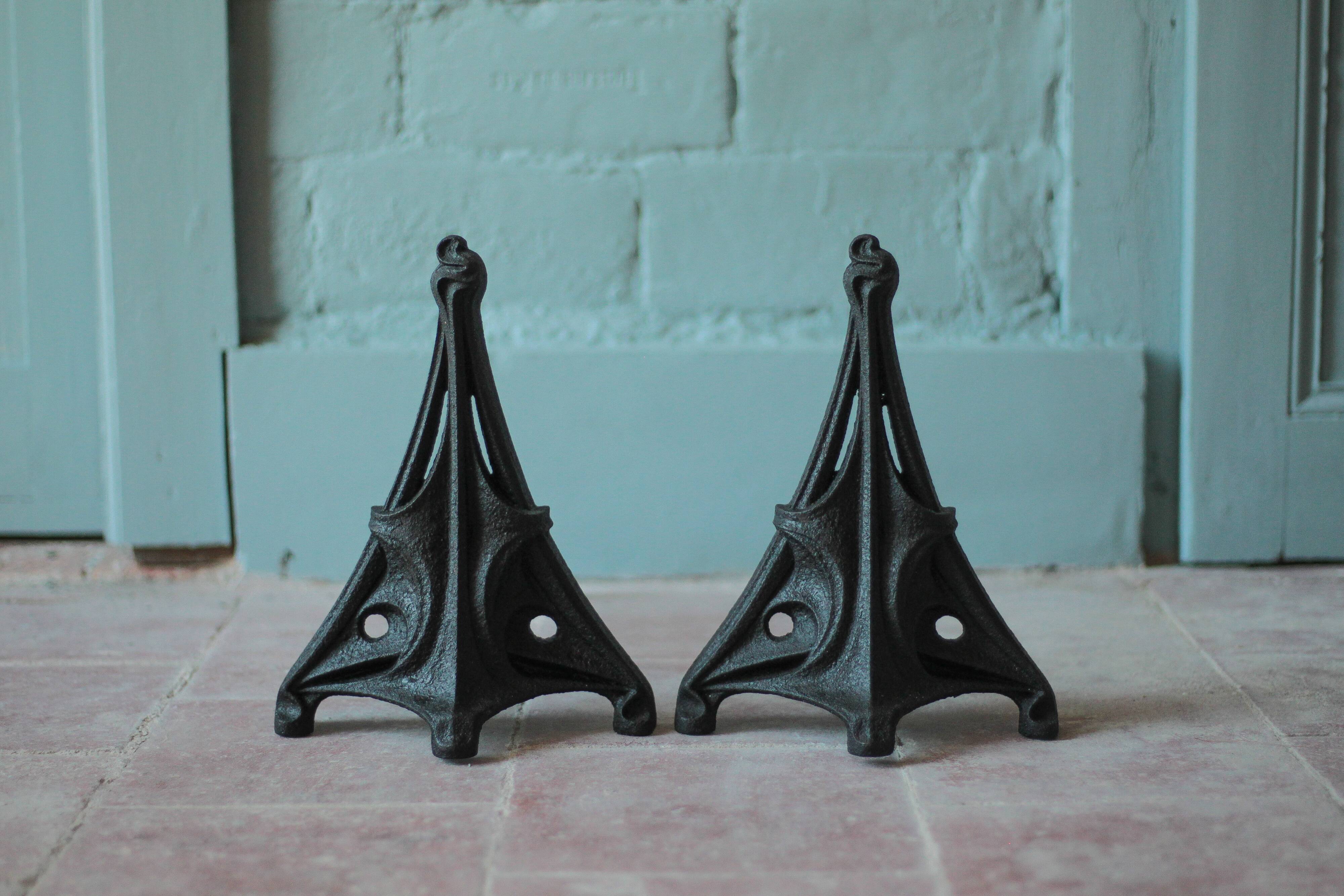 Art Nouveau pair of andirons in cast iron in the style of Hector Guimard, decor.
