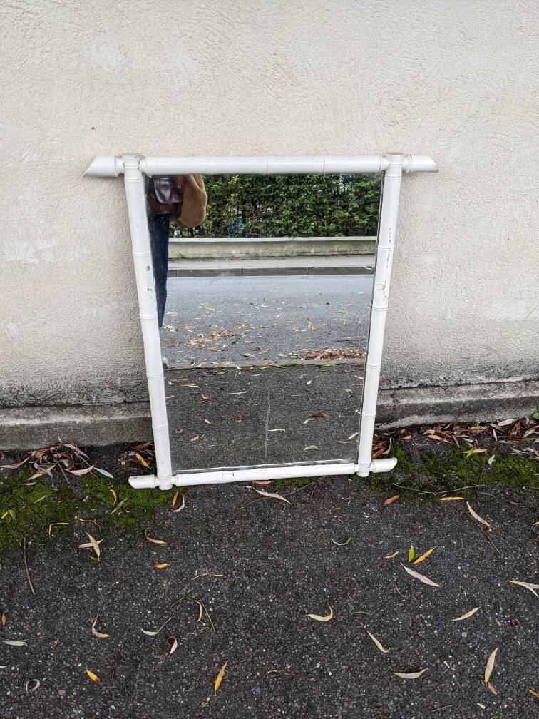 Large wooden mirror with bamboo effect painted in white, bohemian country decor