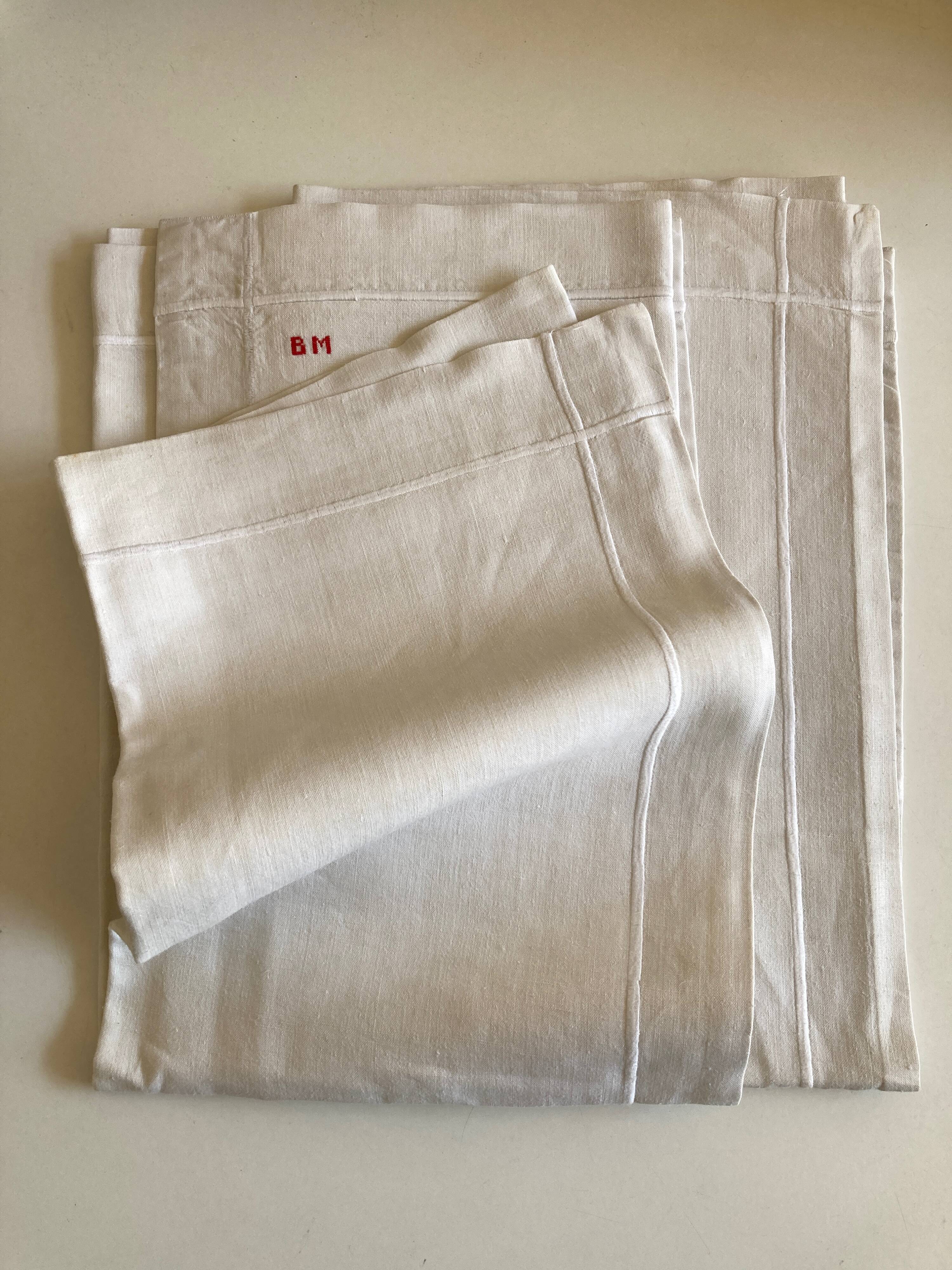 Pair of pillowcases of linen canvas trousseau 1960 modernist reserve linen