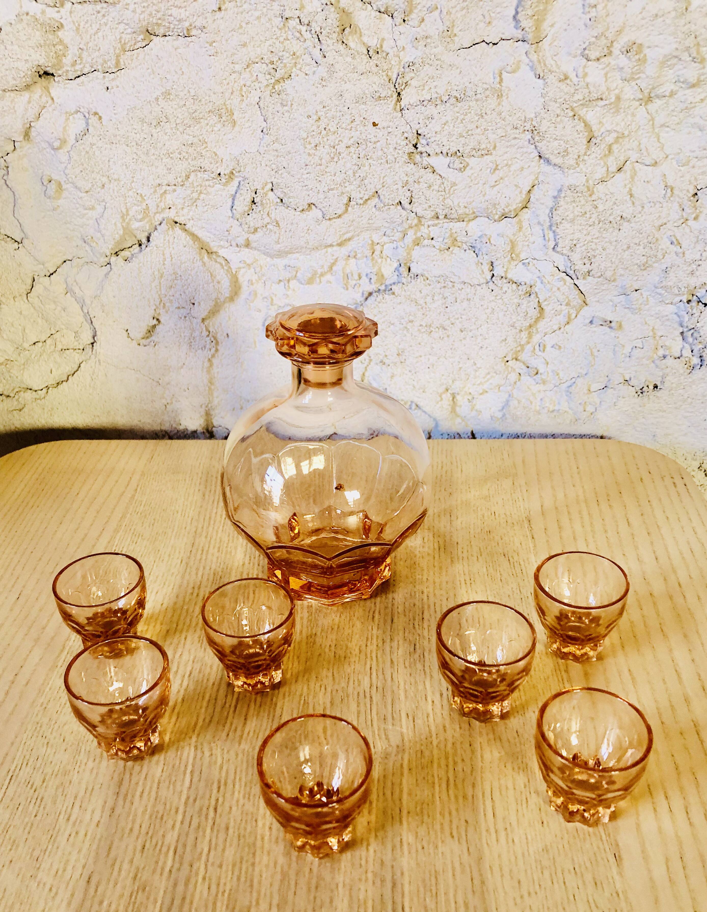 Vintage pink glass liqueur set