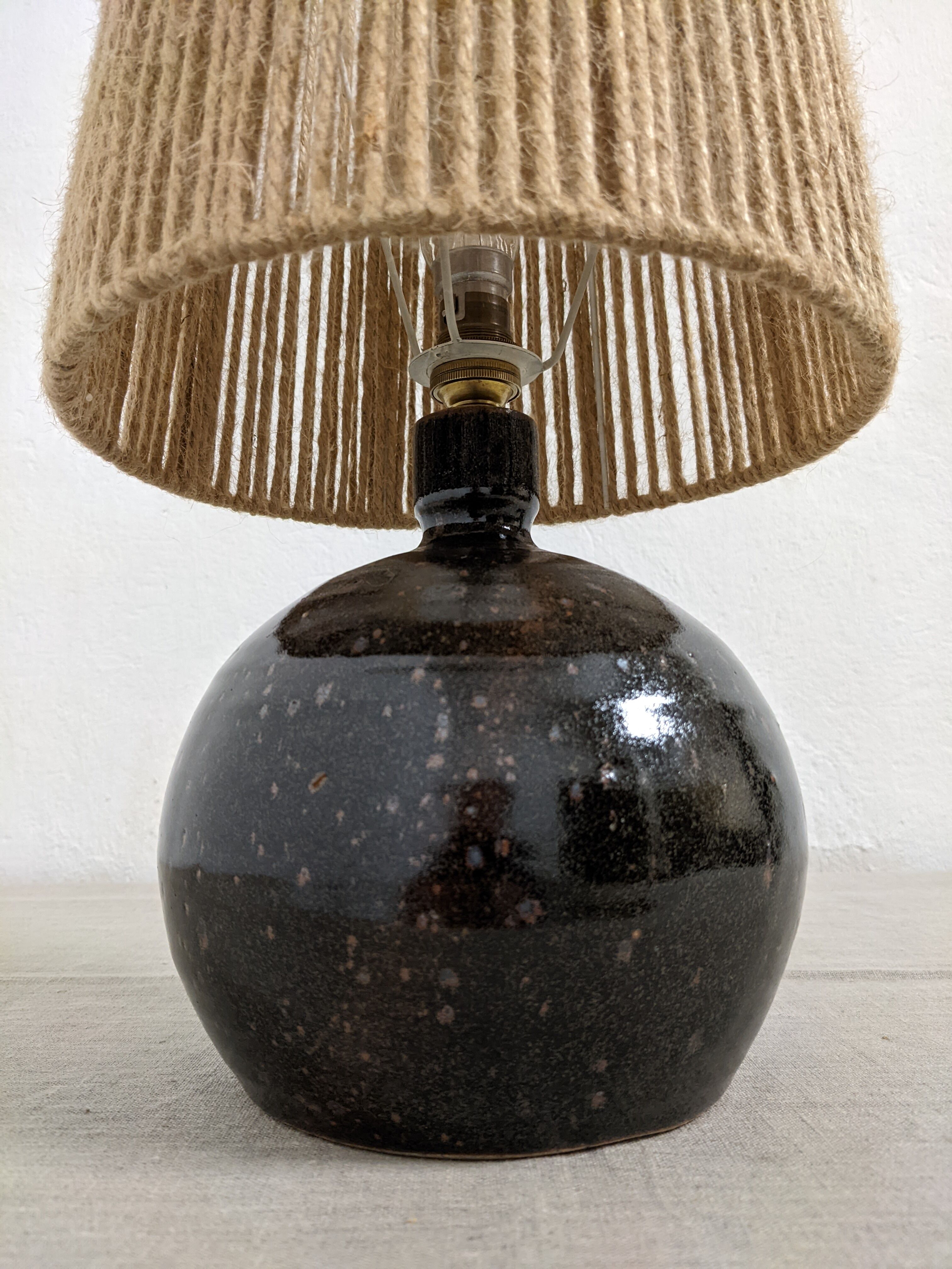Vintage varnished stoneware lamp and jute rope