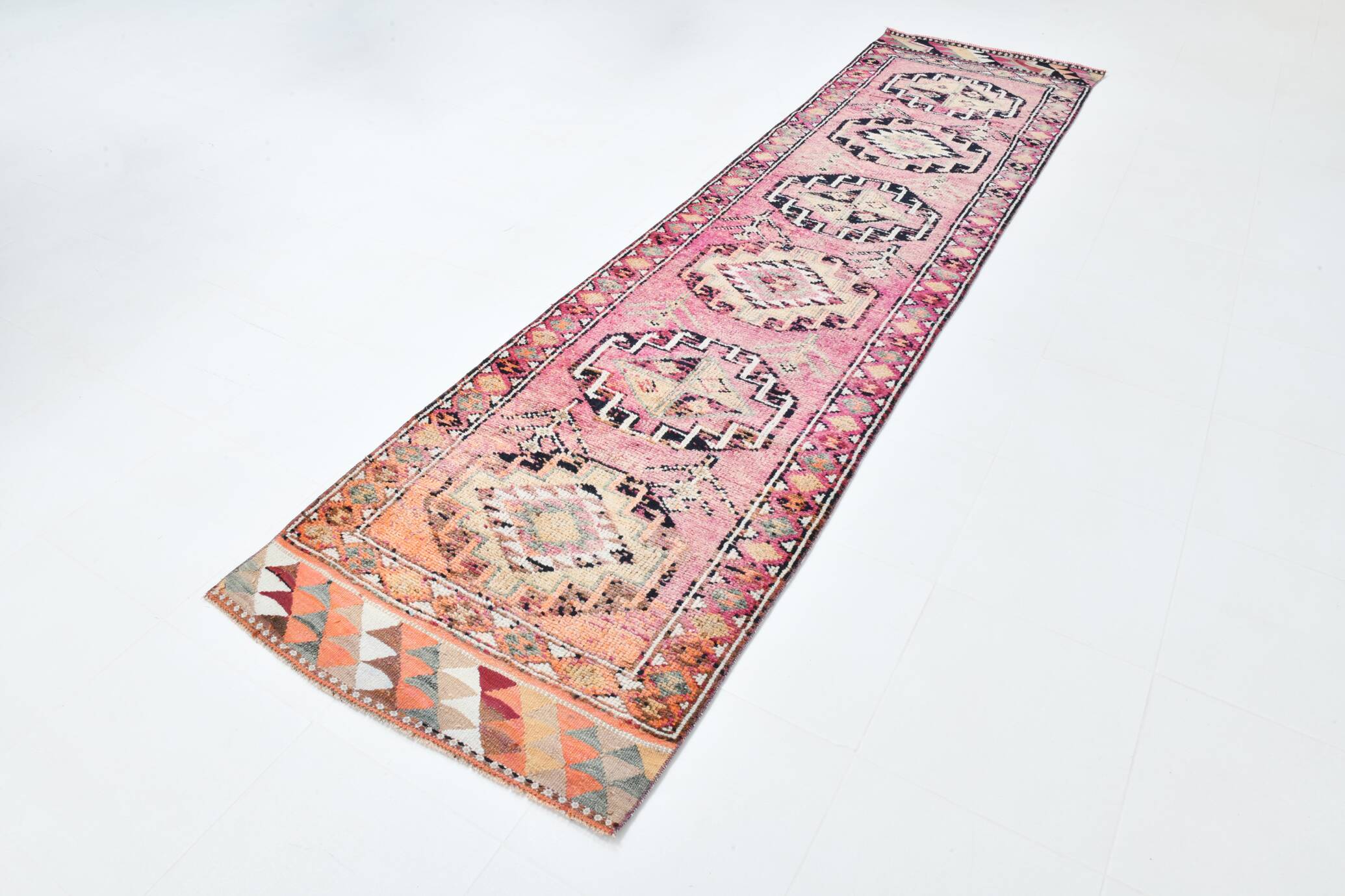 Soft Pink & Orange Rare Style Vintage Runner Rug, 91x359 Cm