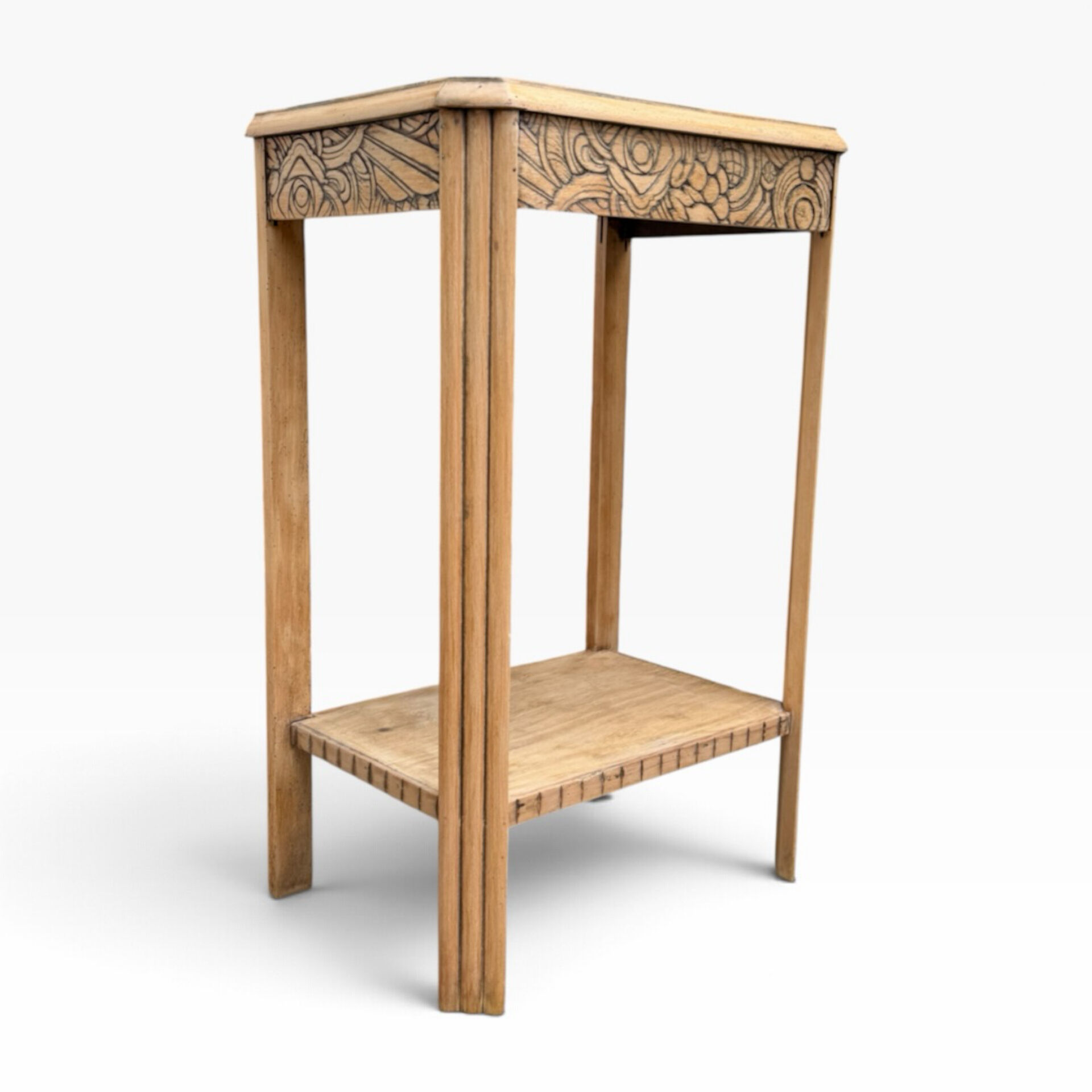 Art Deco console in raw wood with floral decoration, renovated 1930.