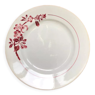 Plat de service vintage années 40, motif à fleurs d'églantines rouge