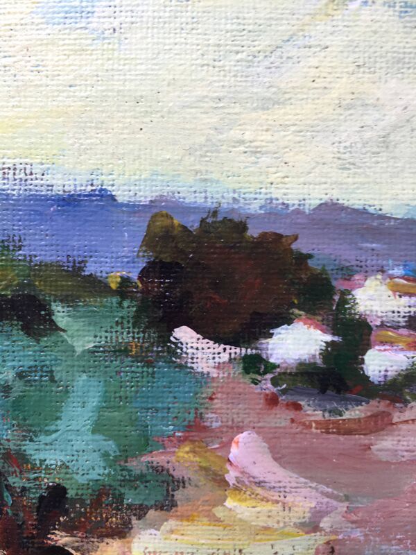 Tableau post impressionniste ''Village du sud'' par Lylliane Coiffard + cadre