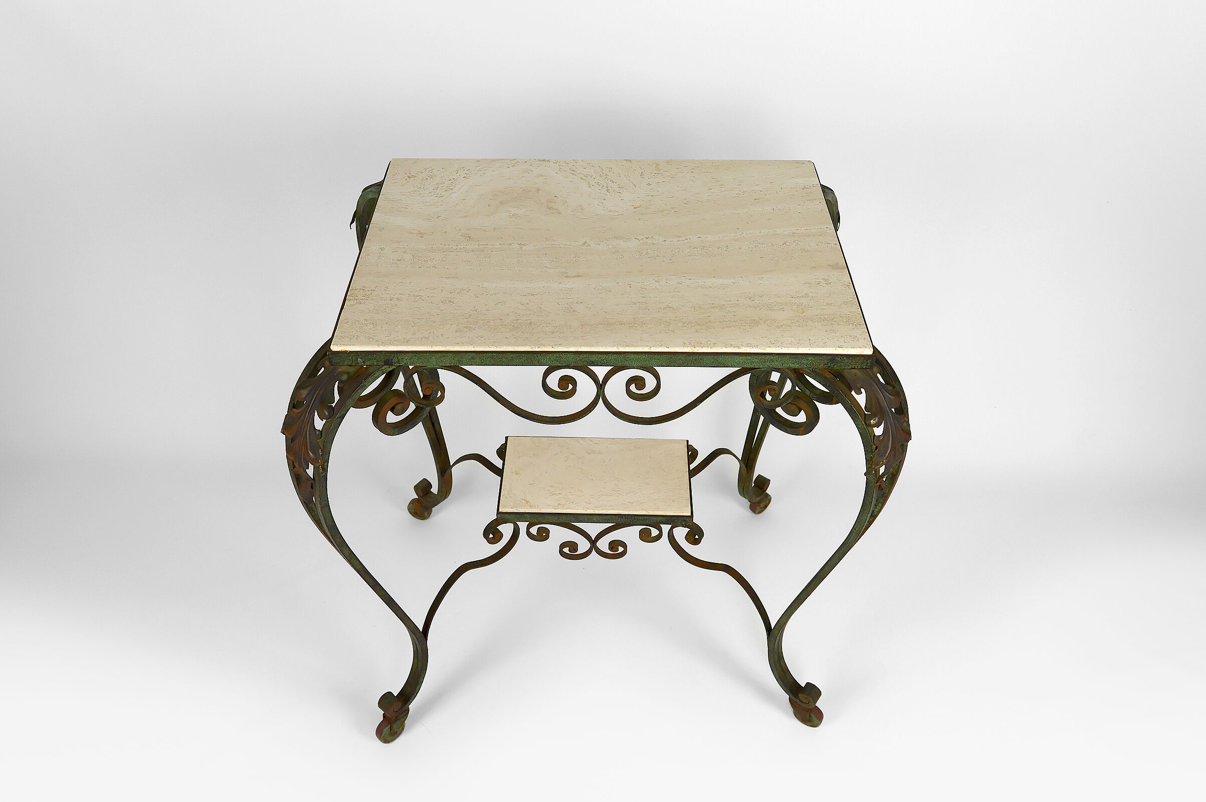 Art deco rolling service in wrought iron and travertine, france, 1940s