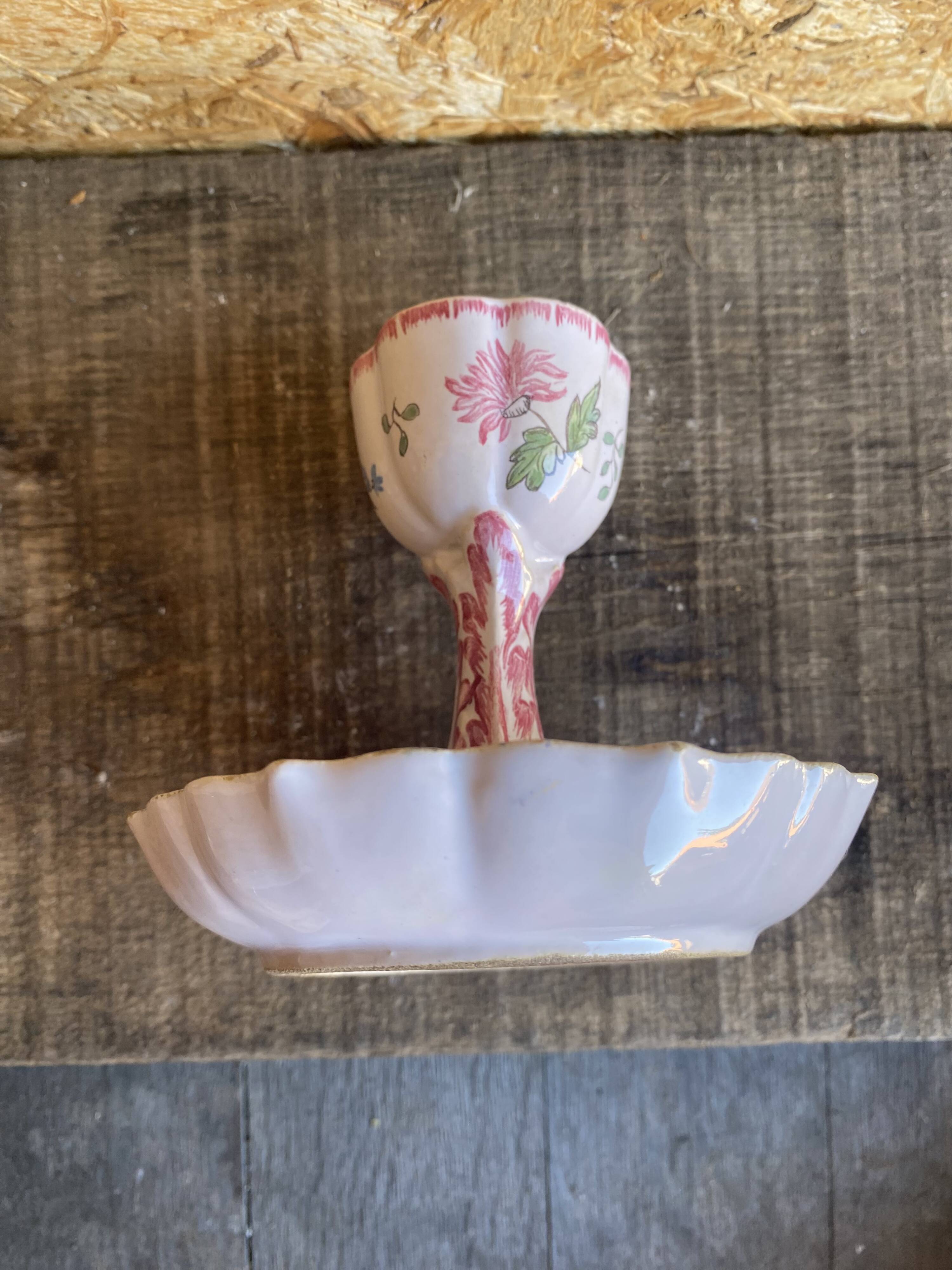 Vintage Ceramic Egg Cup on Stand with Pink Flower Decoration #D984