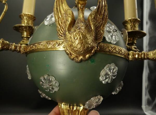 3-light chandelier with swan heads, Empire style - bronze & glass