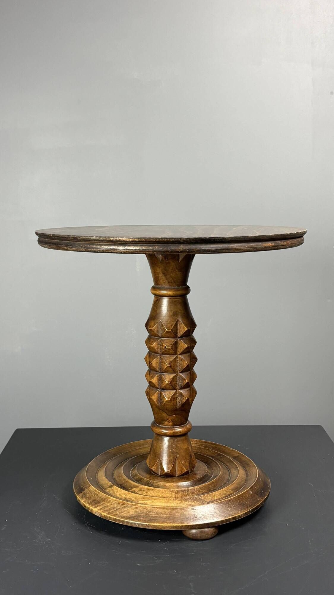 Low wood turned midcentury brutalist side table, Charles Dudouyt style