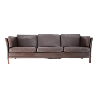 1970s danish brown leather 3-seater sofa