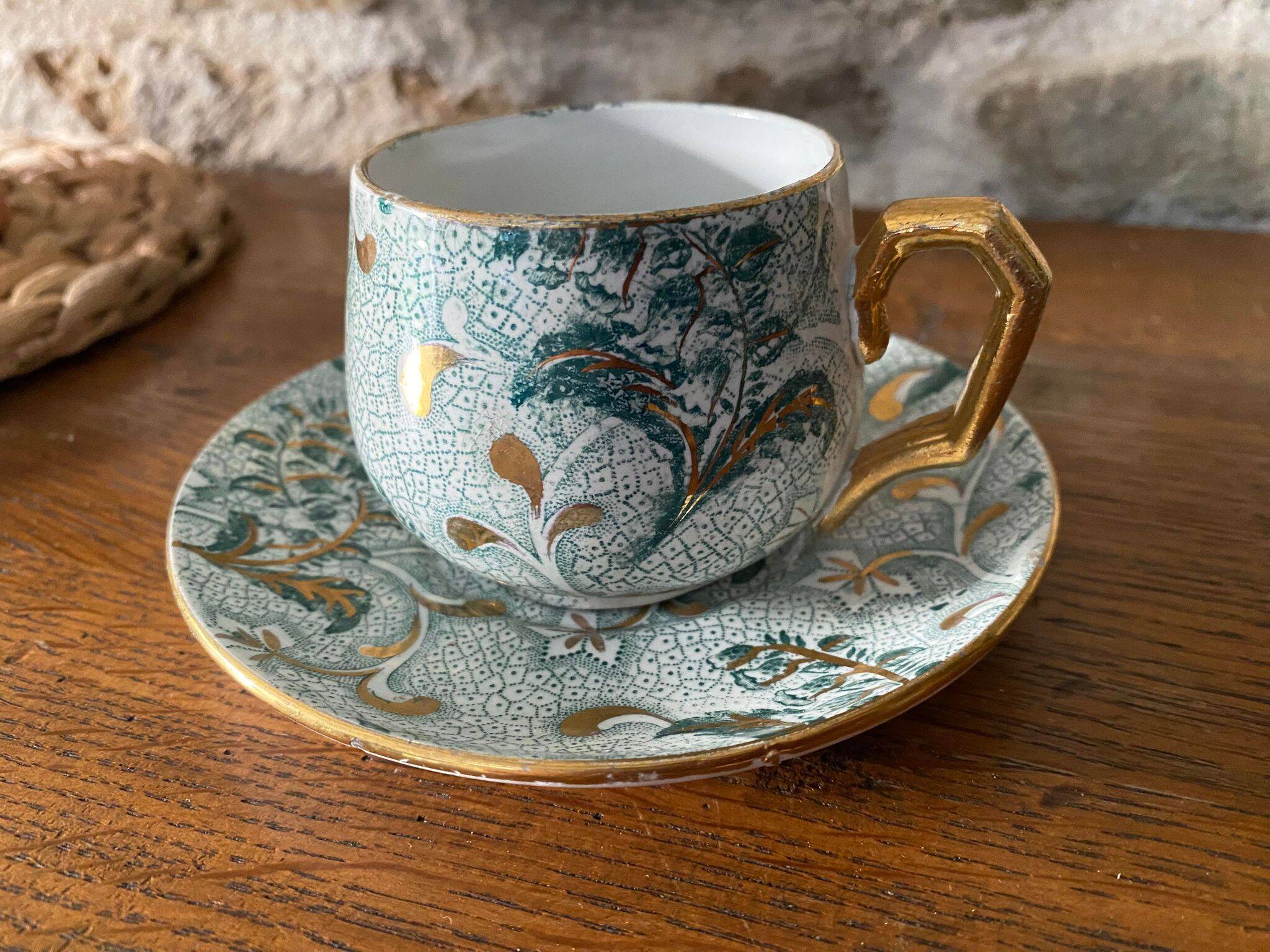 Creil et Montereau cup and saucer green and gold floral pattern