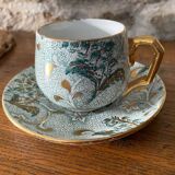 Creil et Montereau cup and saucer green and gold floral pattern