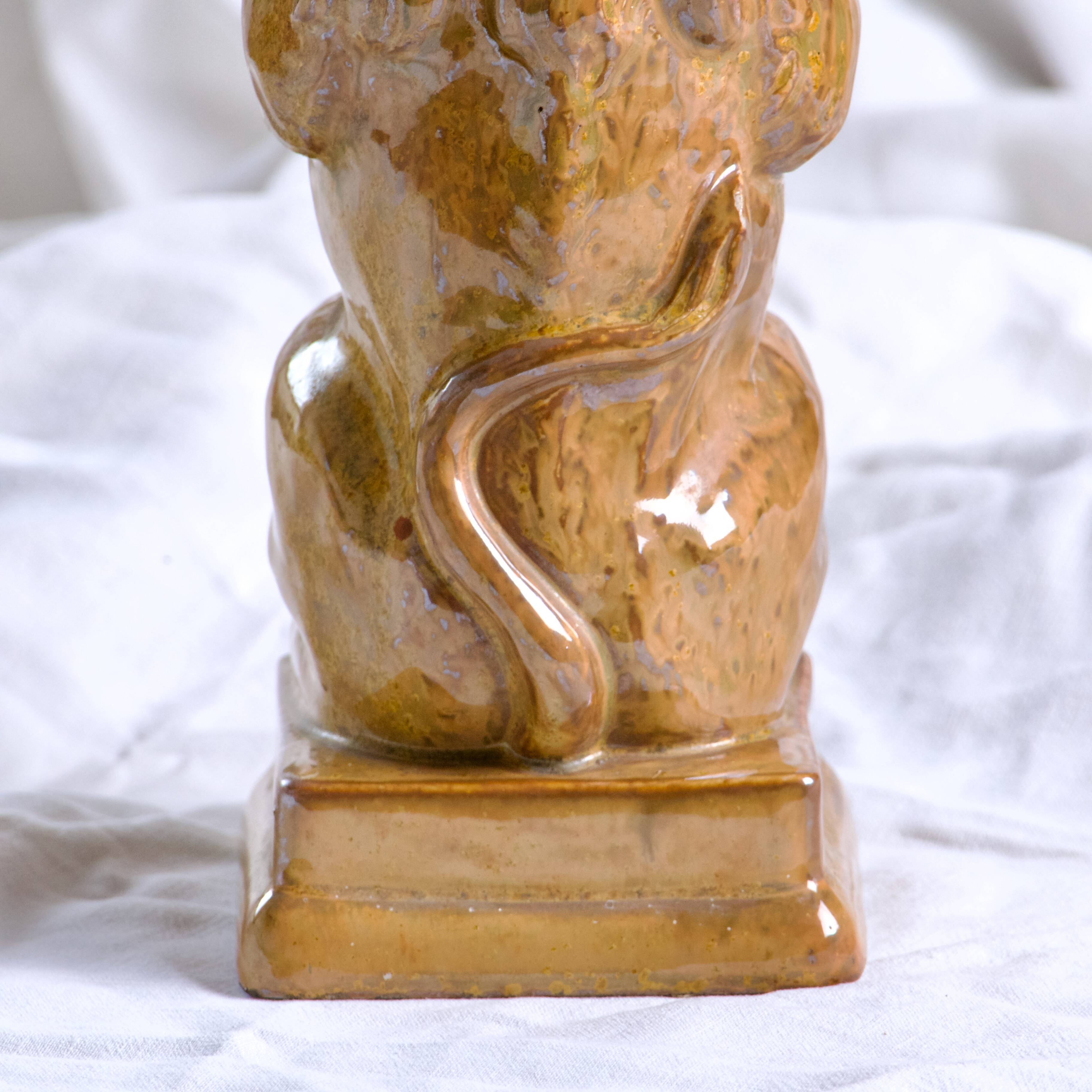 Vase - Antique zoomorphic lion bottle in enamelled stoneware signed Gps