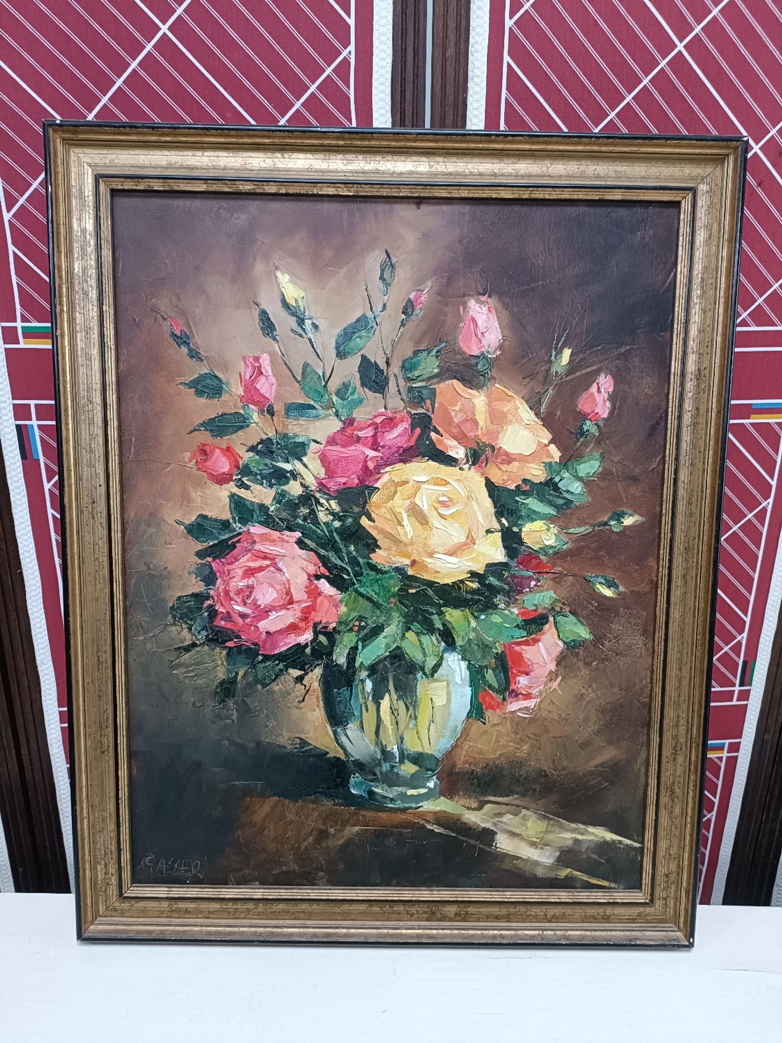 Painting on canvas with a knife, vase and cut flowers, Léon Gasser dit Mas