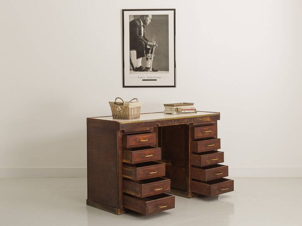 Small vintage stained wooden countertop with 2 shelves and 10 drawers