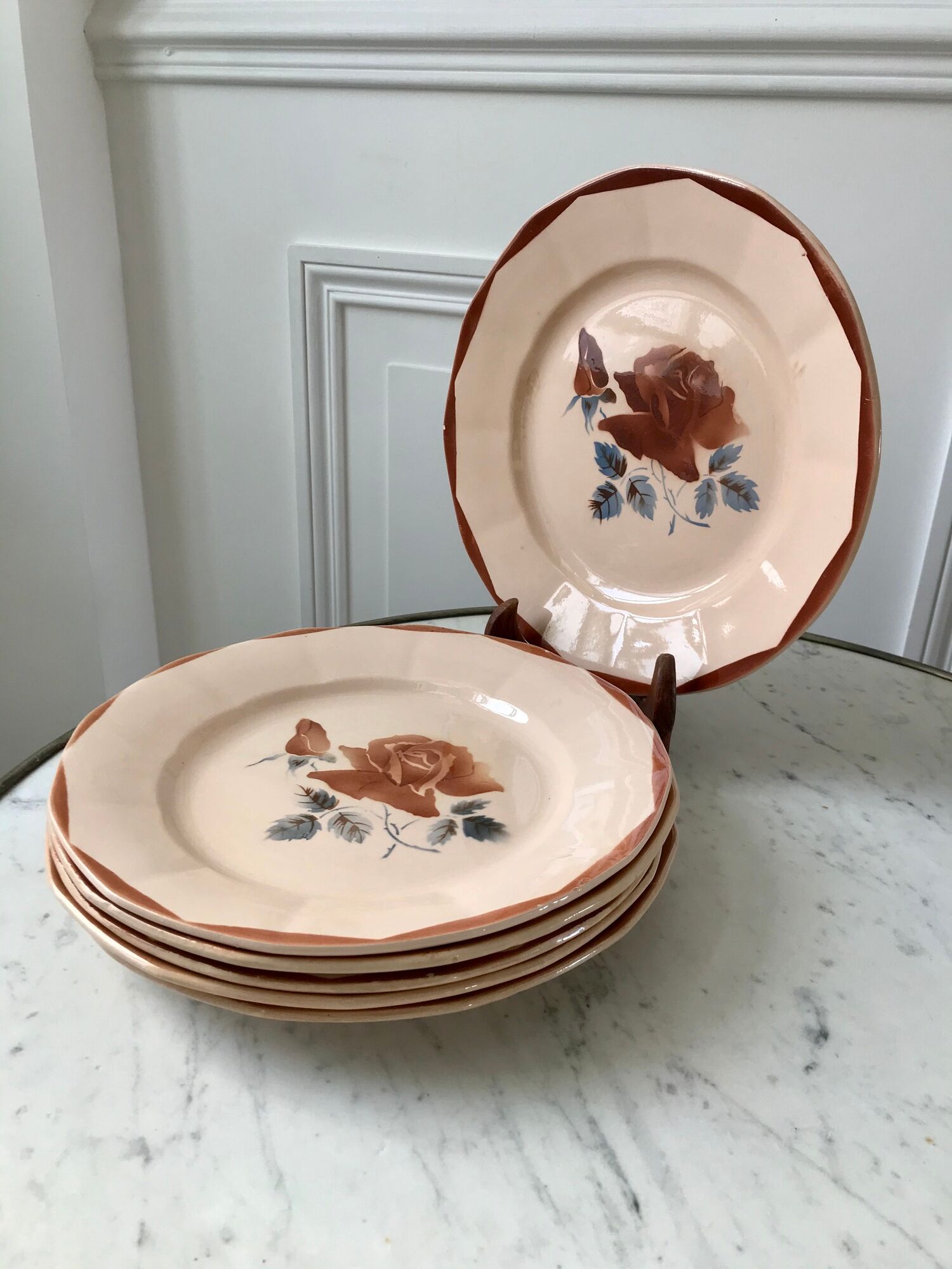 Set of 6 flat plates Digoin Sarreguemines pink flowers years 30-40