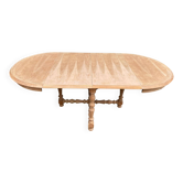 Table à manger de ferme ronde extensible décapée style Louis XIII années 60