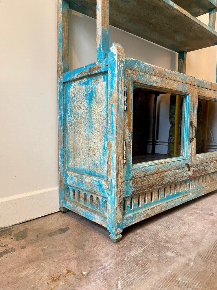 Sideboard 4 shelves and 2 glass doors in blue wood