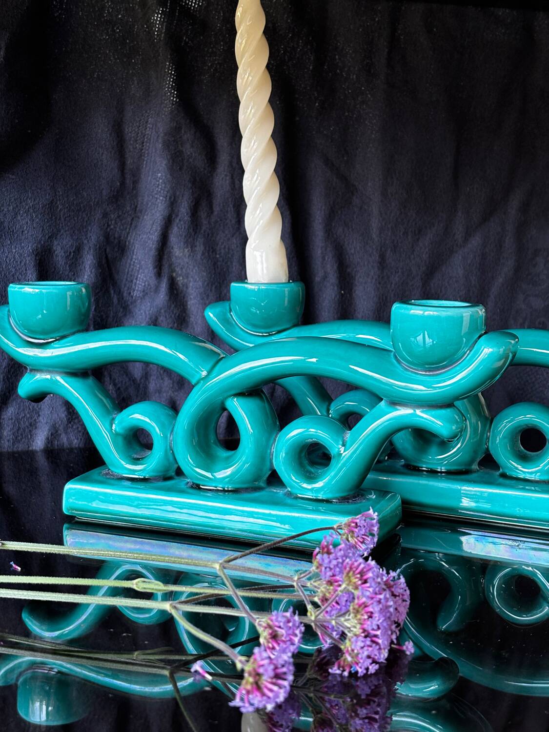 Set of 2 turquoise enamelled ceramic candle holders