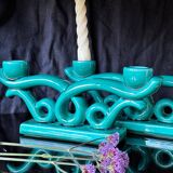Set of 2 turquoise enamelled ceramic candle holders
