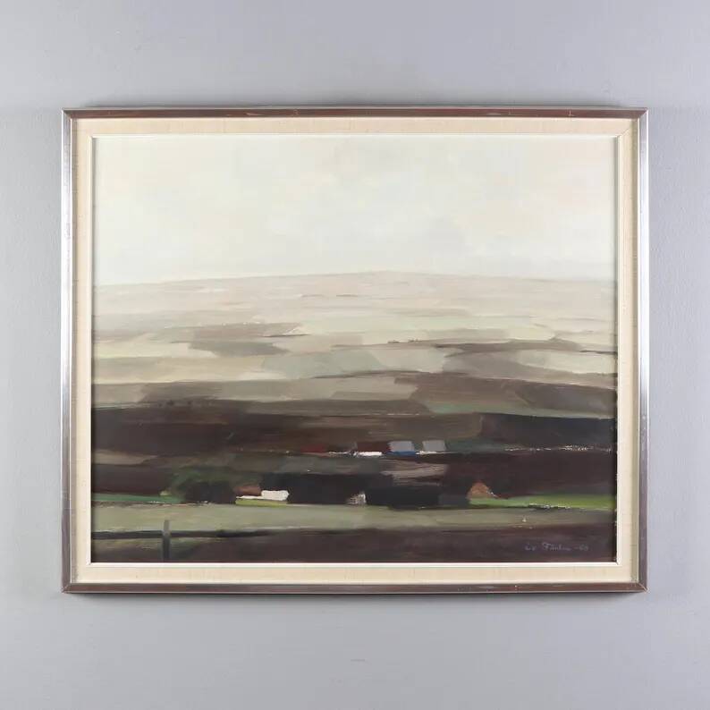 Oil on panel original Swedish - "House in a flat landscape" by Evert Färhm - Dated 1968 - vintage and framed - 81 × 68 cm (31.9" × 26.8")