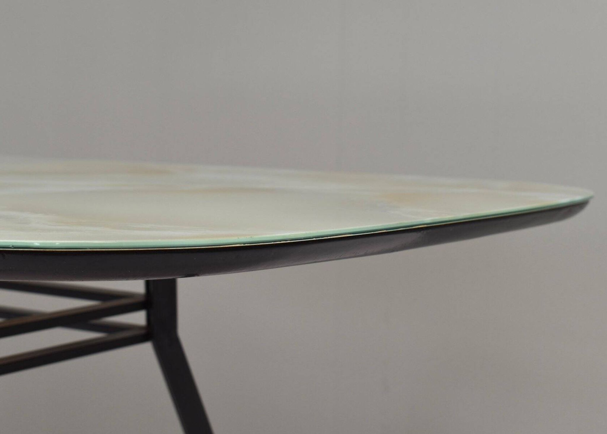 Italian dining table with metal base and glass top and brass, 1950s