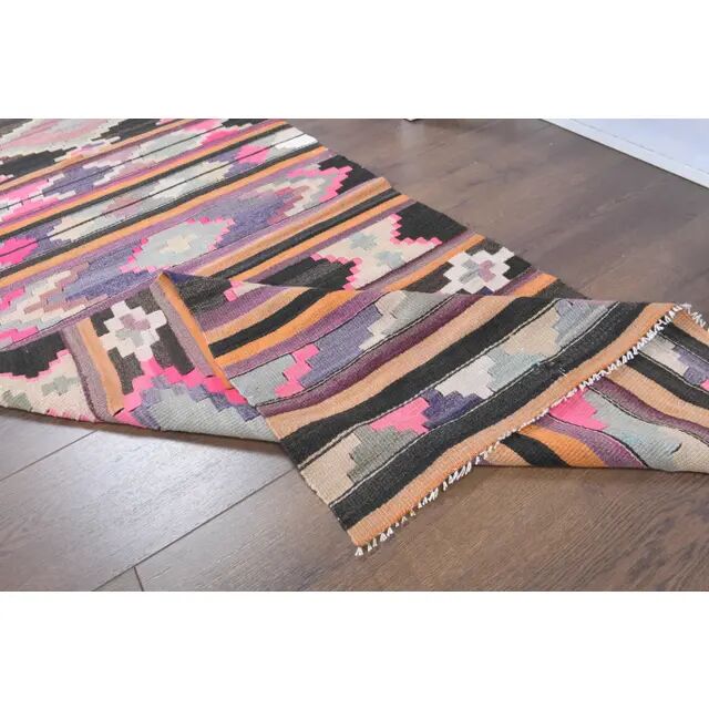 Vintage Turkish Oushak Handmade Wool Cotton Pink Kilim Runner  81x327