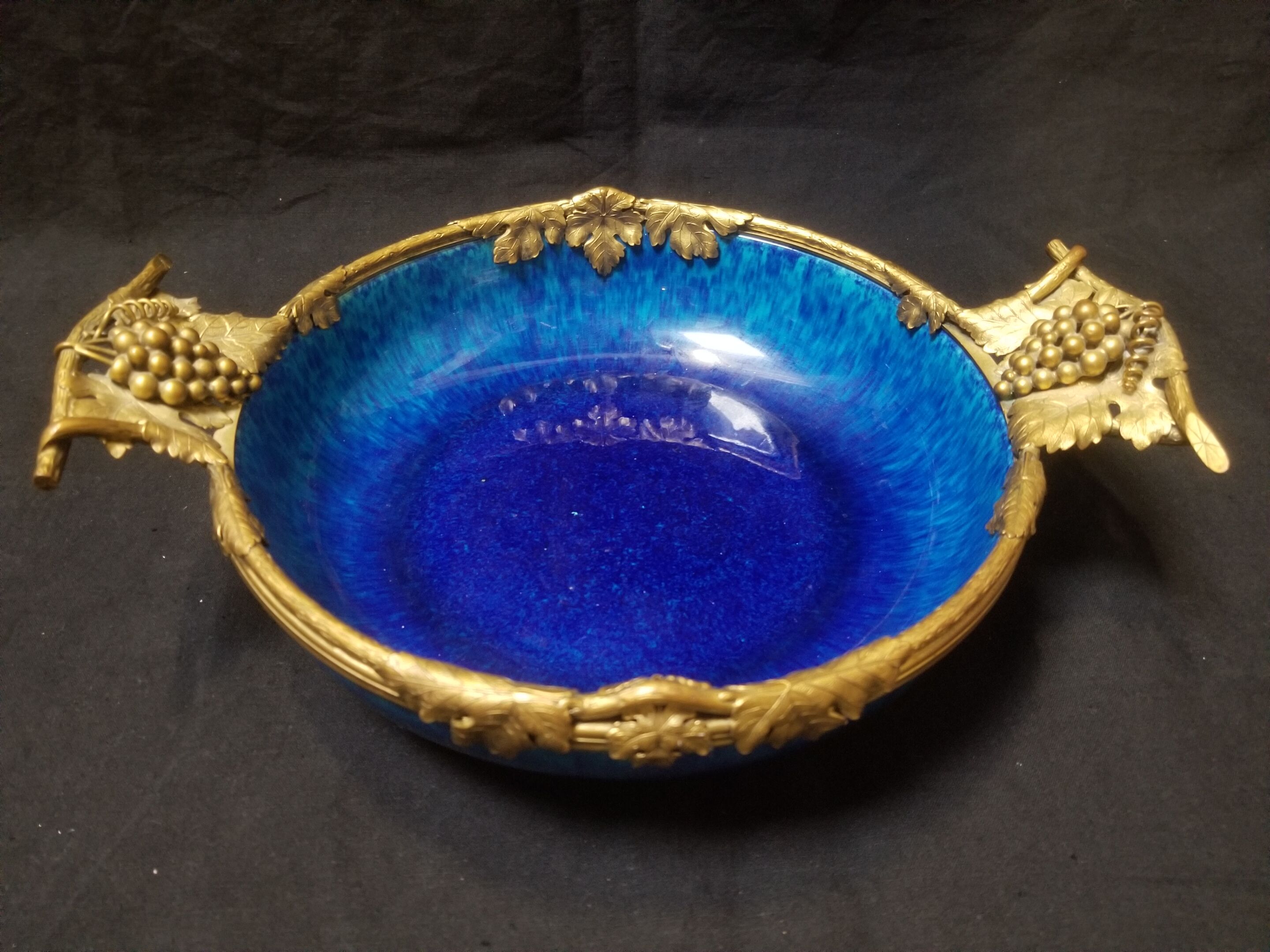 Cobalt blue fruit cup in Sèvres Porcelain and Bronze signed Paul Milet