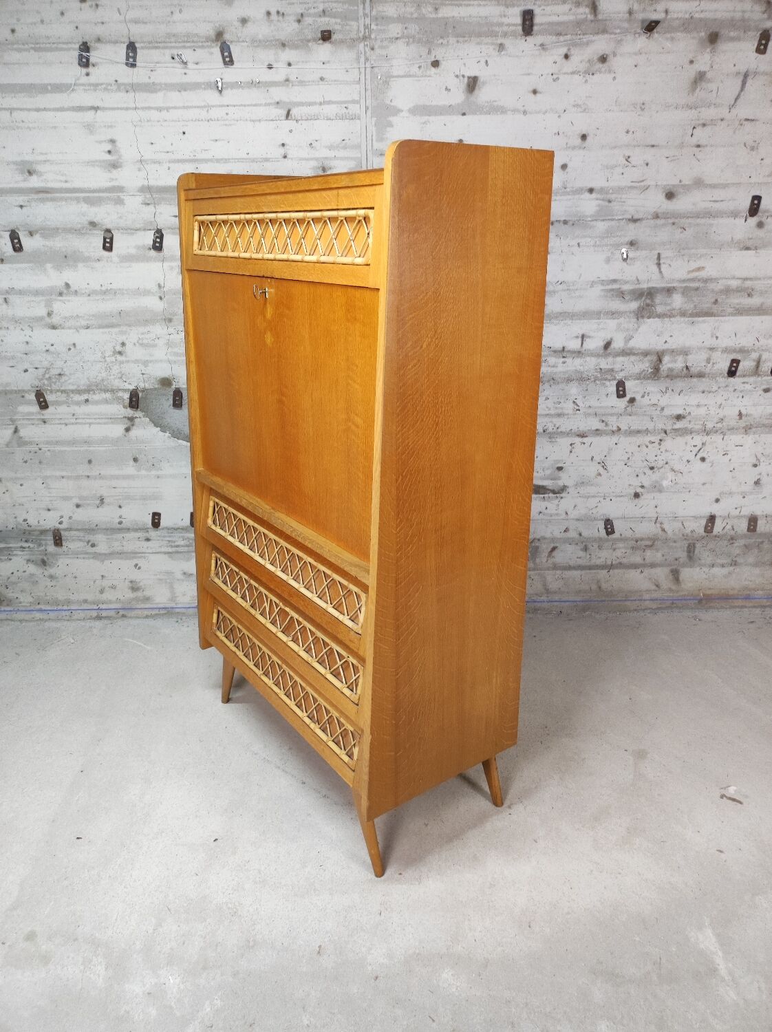 Vintage wood and rattan secretary