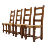 Set of 4 French Oak and Rush Ladder Back Dining Chairs 1950s