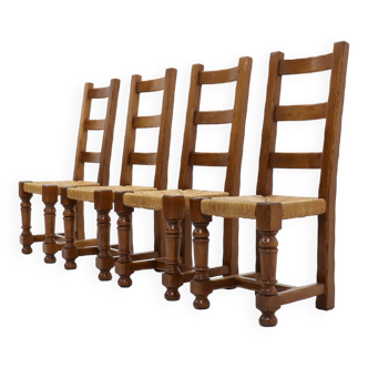 Set of 4 French Oak and Rush Ladder Back Dining Chairs 1950s