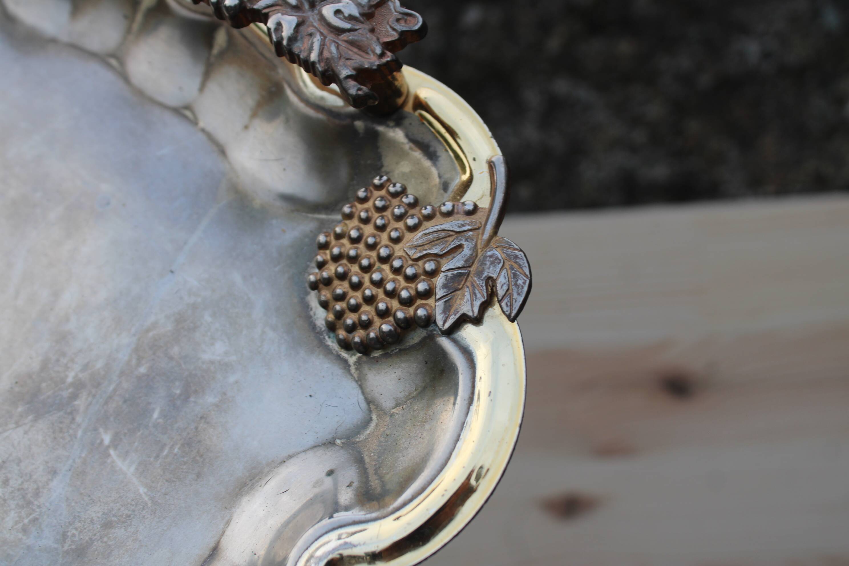 Antique silver-plated metal tray with gilt edges – Grape cluster motif