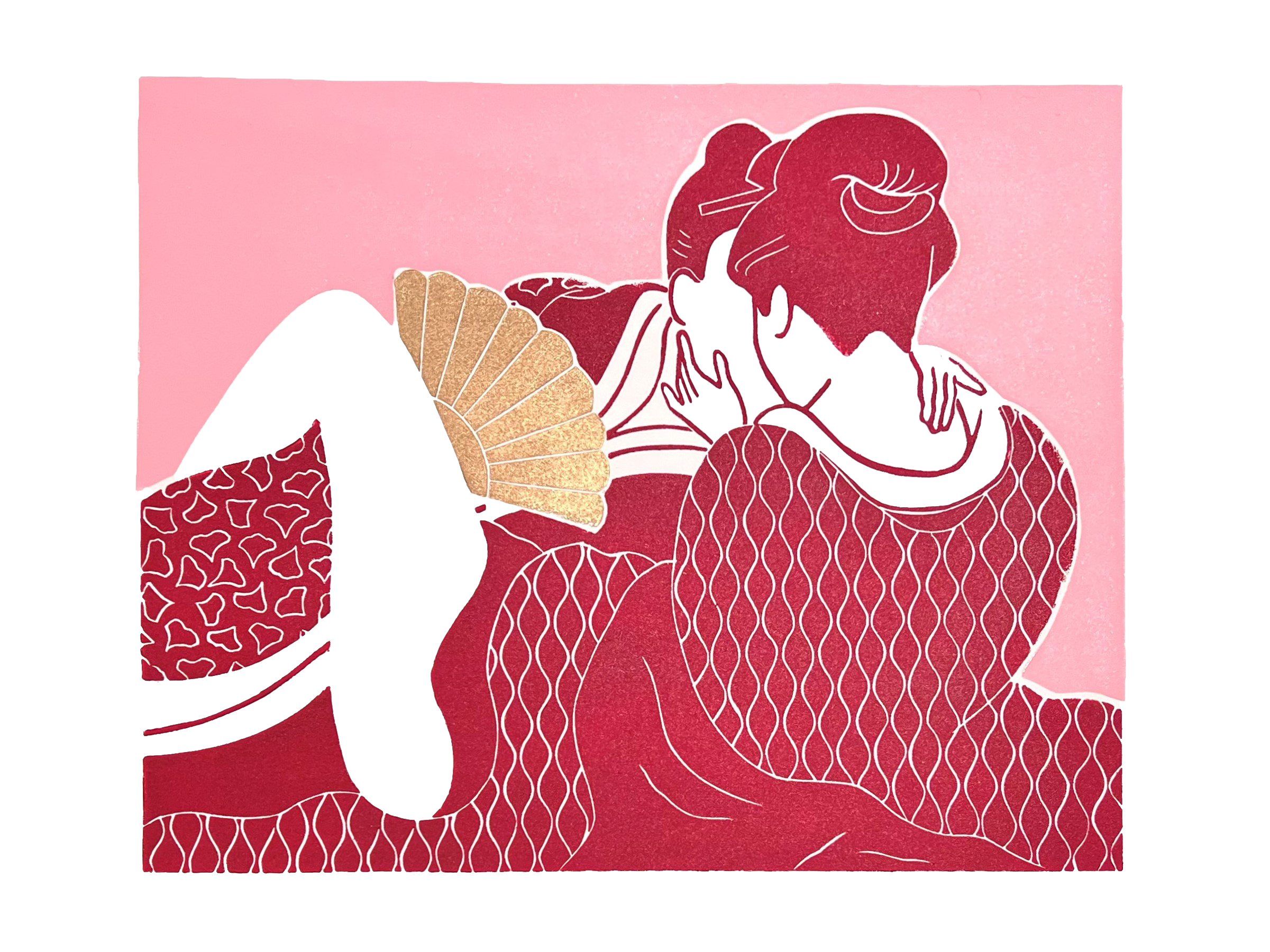 Linogravure originale, estampe japonaise érotique