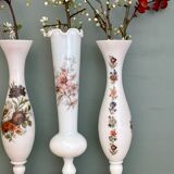 Set of 3 vintage vases/soliflores in white opaline with floral decorations.