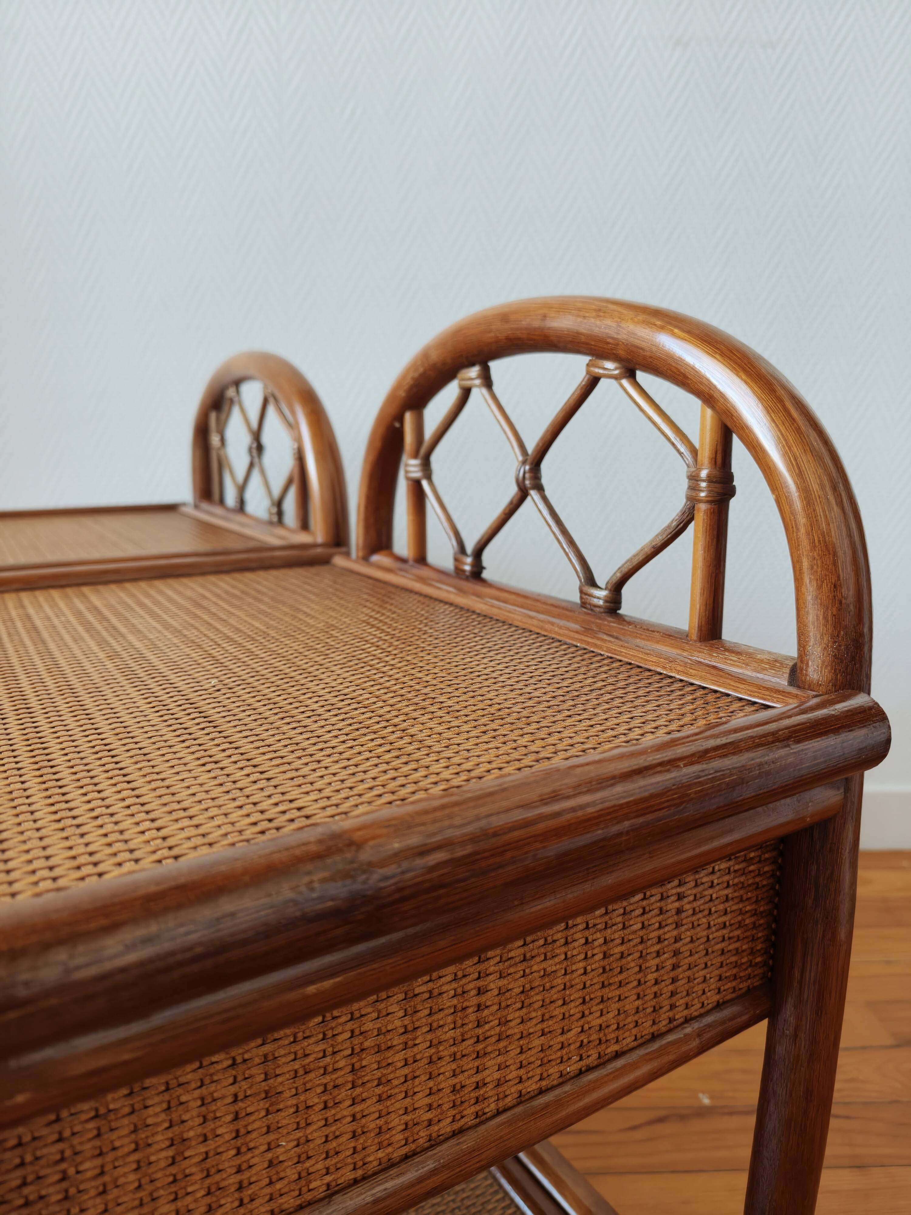 Pair of vintage rattan and cane bedside tables, 1970s
