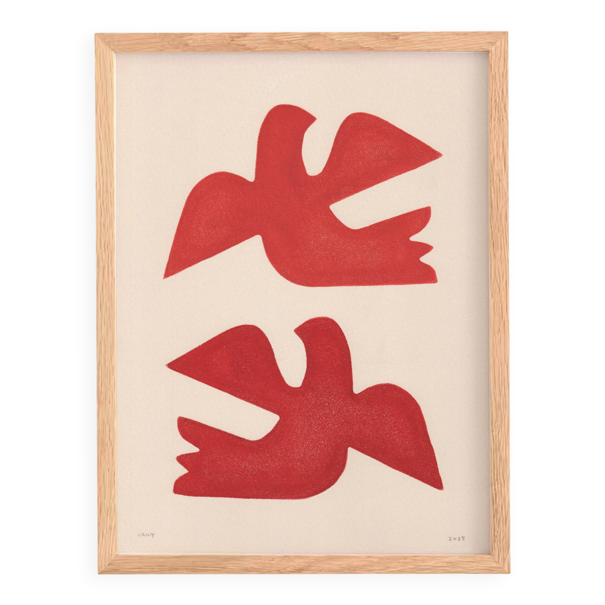 Painting of birds 30x40cm red on paper signed Eawy