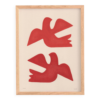 Painting of birds 30x40cm red on paper signed Eawy
