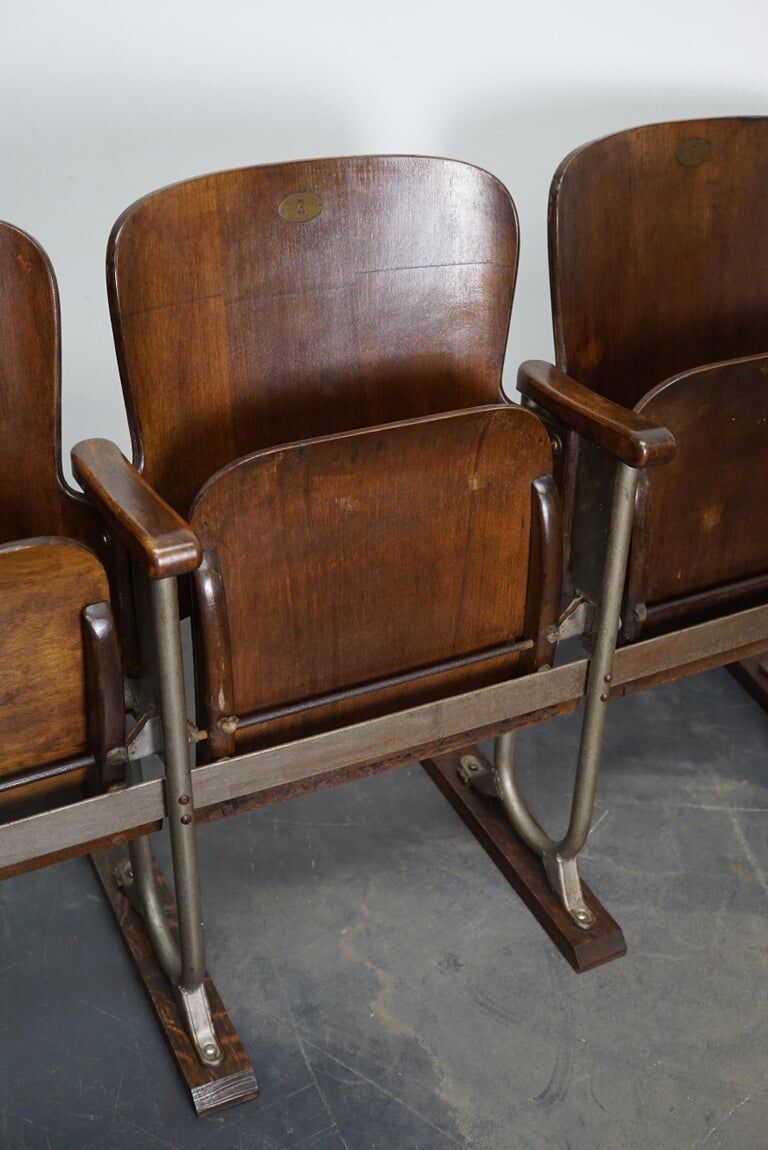 Vintage 4-seater cinema bench in metal and wood, Netherlands, 1930s