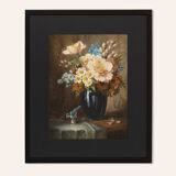 Bouquet de fleurs , Huile sur assiettes , 55 x 66 cm