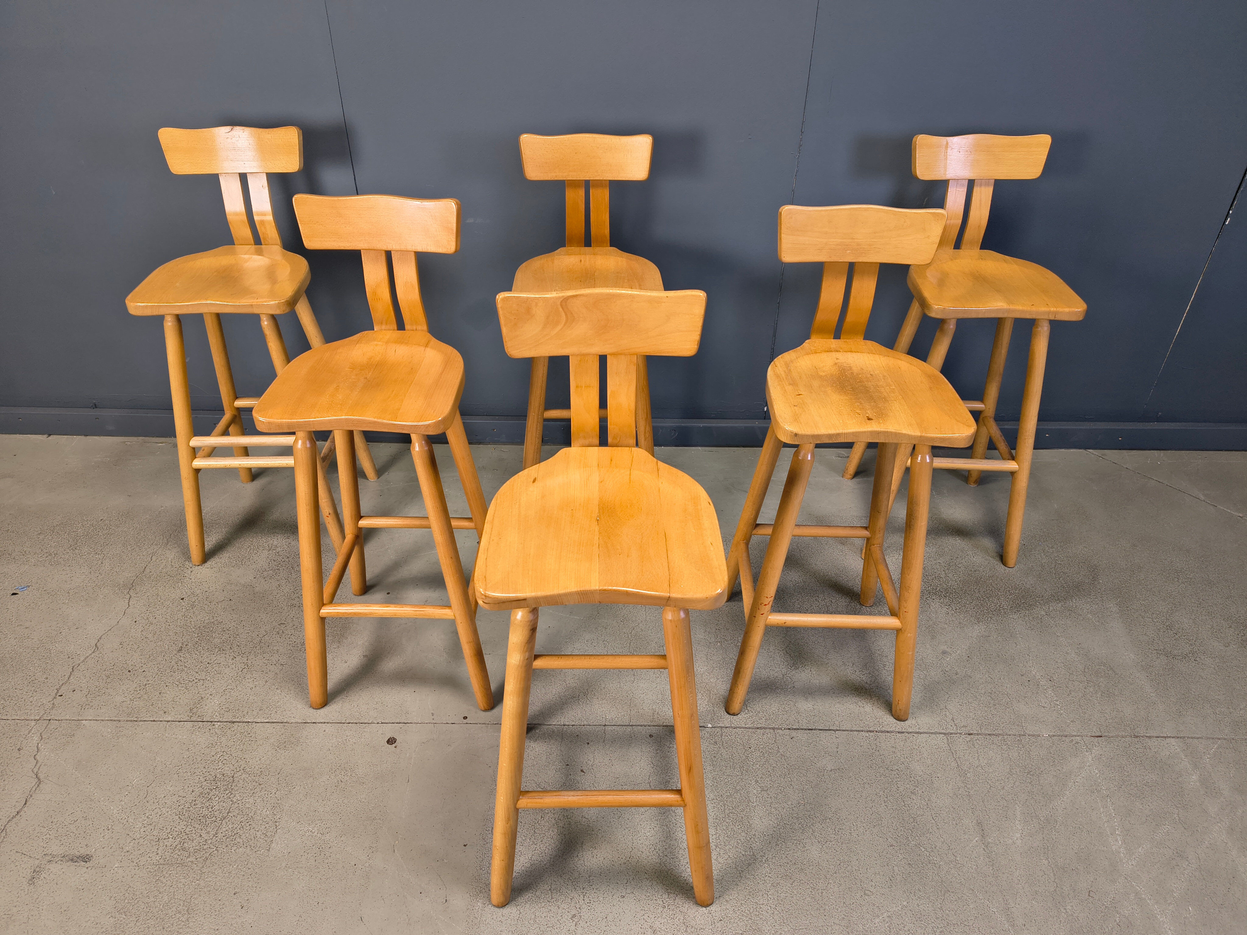Brutalist 1960s bar stools, set of 6.