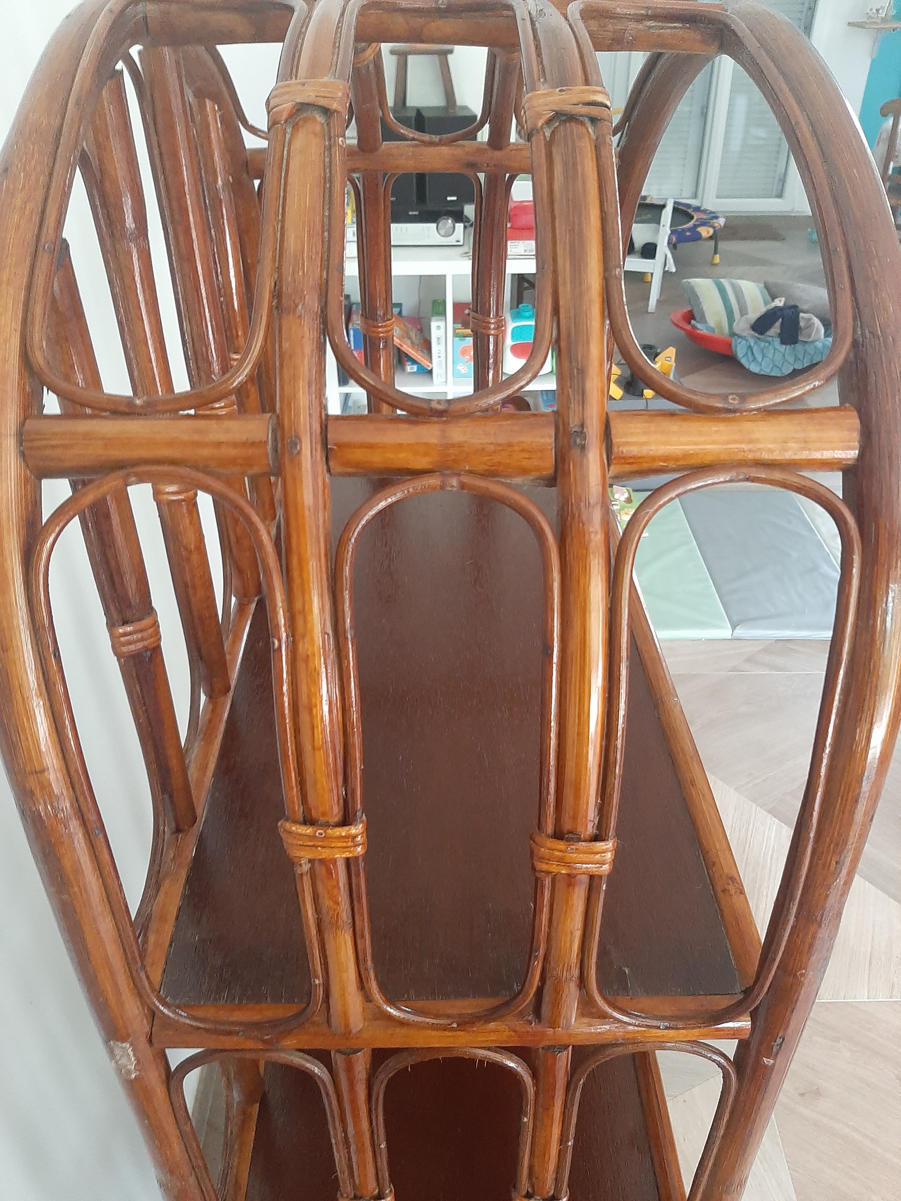 Vintage library 4 levels - wood, bamboo and rattan - retro 80s