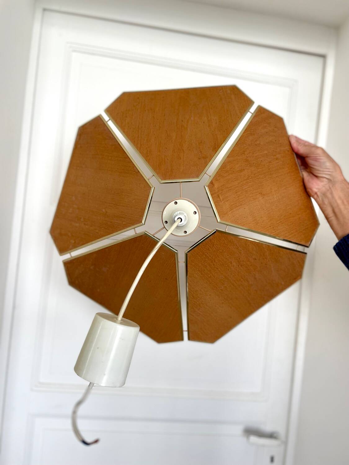 Vintage pendant light wood veneer geometric flower shape
