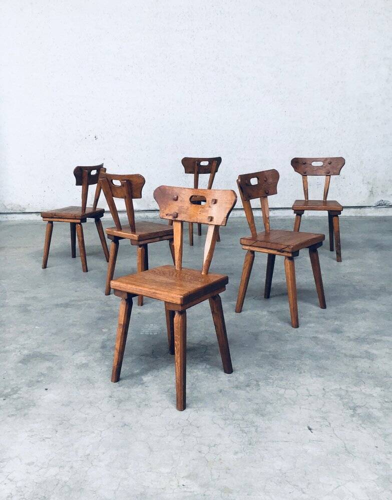 French Folk Art Rustic Dining Chair Set in Oak, 1940s, Set of 6